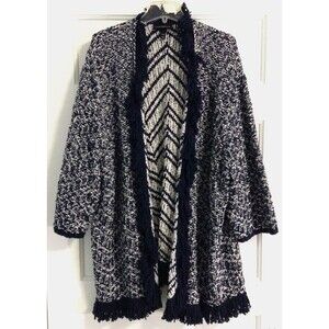 Lane Bryant Cardigan Sweater Wn 26/28 Blue White Striped Open Front Fringe Boho